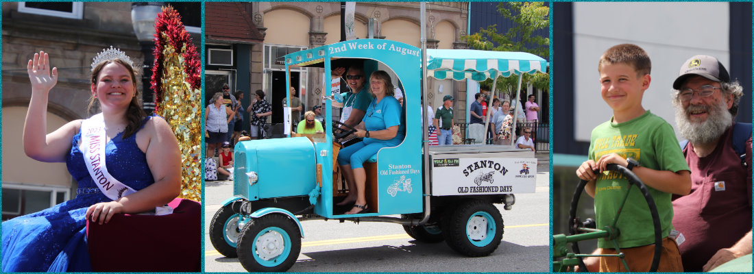 2023 Miss Stanton waving, the SOFD Mini Antique Truck, and a young boy and his grandpa on a tractor all in the 2023 Grand Parade