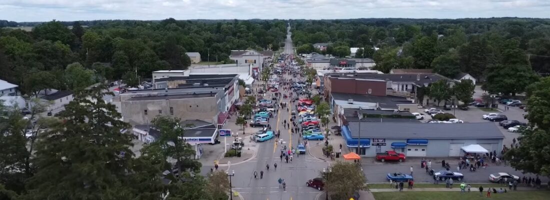 Aerial view of car show on Main Street during SOFD 2024